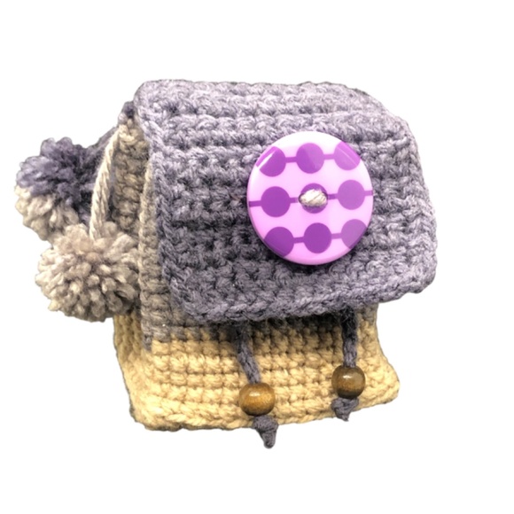 Whimsical Crochet Backpack Keychain – Grape Tan Colorblock, Pom Poms, & Beads - Picture 7 of 12